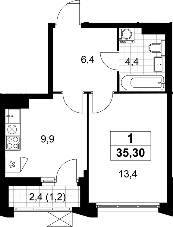 1-комн., 34.1 м², 5/9 этаж, ЖК «Деснаречье»
