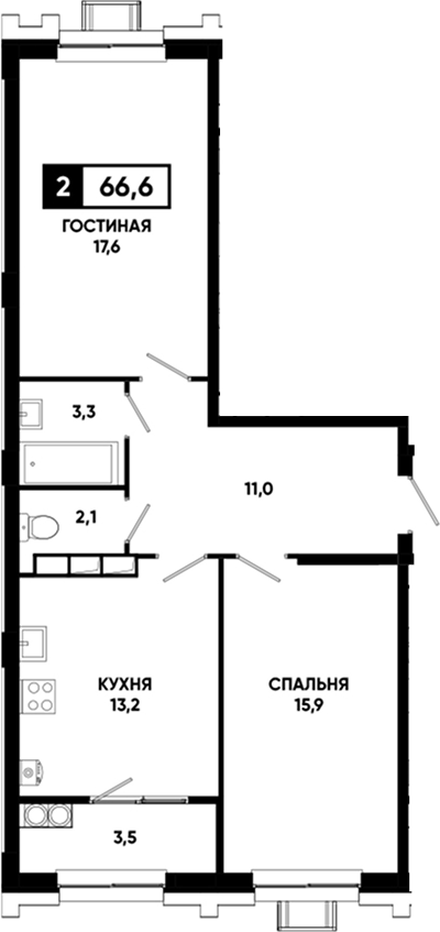 2-комн., 63.1 м², 18/19 этаж, ЖК «Основа. ГК ЮгСтройИнвест. Ставропольский край»