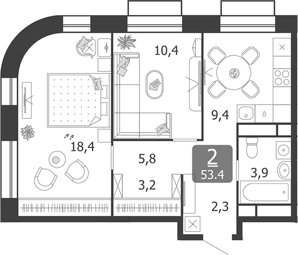 2-комн., 53.4 м², 3/19 этаж, ЖК «Шагал»