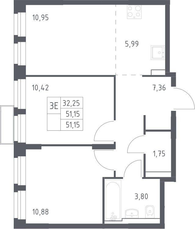 3-комн., 51.15 м², 4/24 этаж, ЖК «Квартал Строгино»