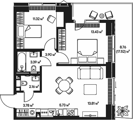 3-комн., 57.52 м², 8/57 этаж, ЖК «Джойс»