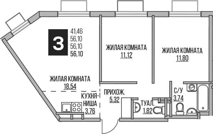 3-комн., 56.1 м², 4/5 этаж, ЖК «Гранель Аникеевский»