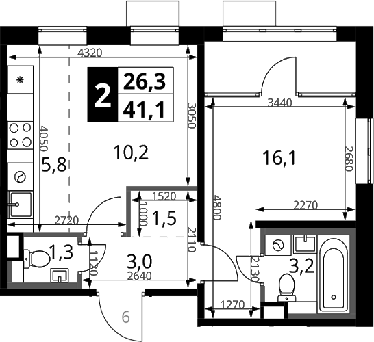 2-комн., 41.1 м², 9/17 этаж, ЖК «1-й Химкинский»