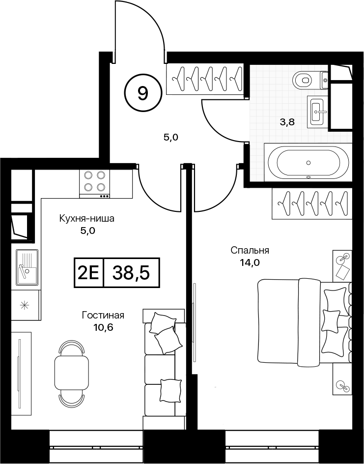 2-комн., 38.5 м², 7/17 этаж, ЖК «Пушкино Град»