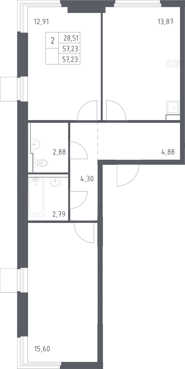 2-комн., 57.23 м², 12/15 этаж, ЖК «Пригород Лесное»