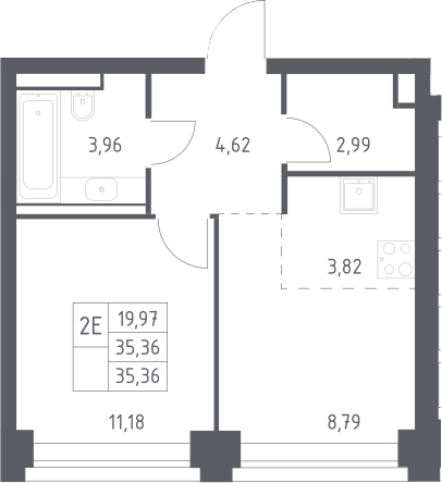2-комн., 35.36 м², 18/32 этаж, ЖК «НОВА»