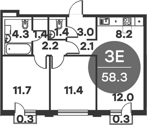 3-комн., 57.7 м², 2/6 этаж, ЖК «Равновесие»