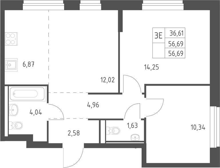 3-комн., 56.69 м², 11/11 этаж, ЖК «Горки Парк»