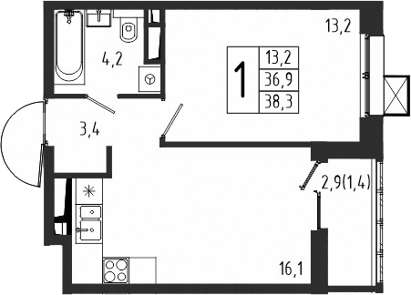 1-комн., 36.9 м², 5/10 этаж, ЖК «Берег»