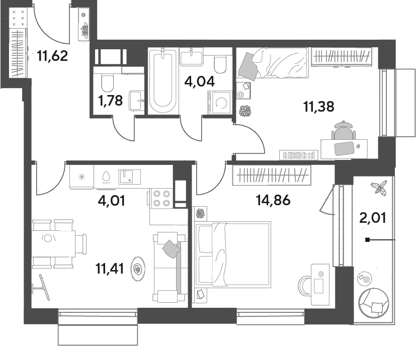 3-комн., 59.1 м², 2/12 этаж, ЖК «Публицист»