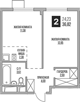 2-комн., 36.82 м², 7/14 этаж, ЖК «Гранель Аникеевский»