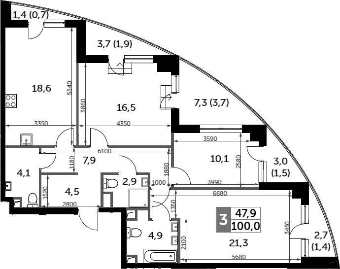 3-комн., 90.8 м², 14/44 этаж, ЖК «Сидней Сити»