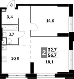2-комн., 56.7 м², 8/43 этаж, ЖК «Сидней Сити»