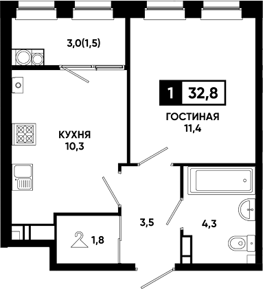 1-комн., 31.3 м², 14/14 этаж, ЖК «Резиденция Софи»