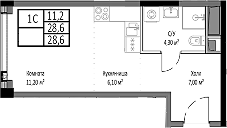 Студия, 28.6 м², 28/35 этаж, ЖК «Мираполис»