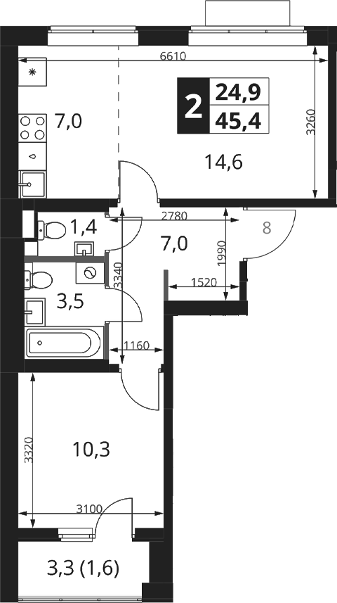 2-комн., 43.8 м², 4/17 этаж, ЖК «1-й Ясеневский»