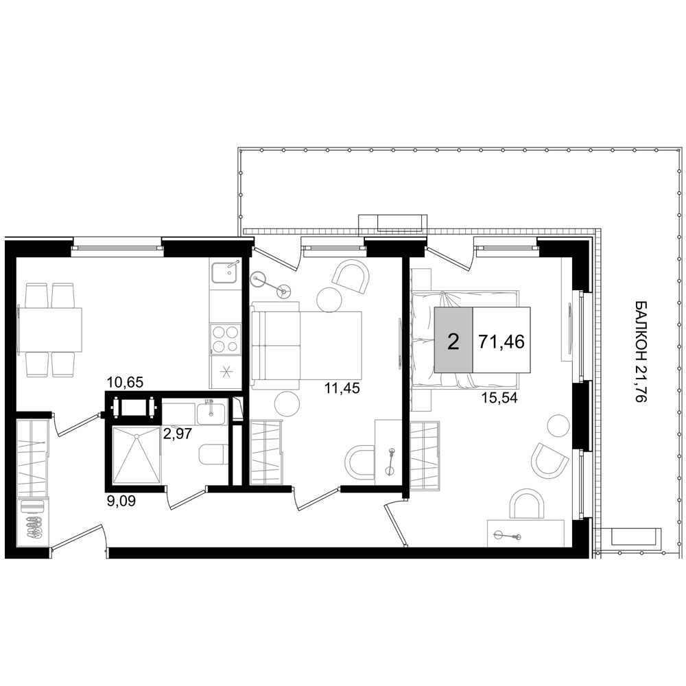 2-комн., 49.7 м², 8/8 этаж, ЖК «IT гостиничный комплекс Корсаков»