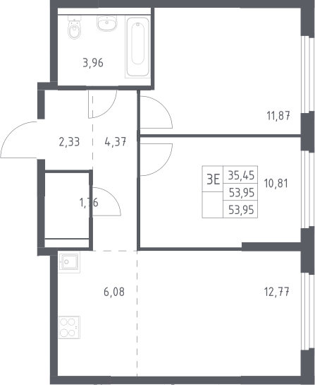 3-комн., 53.95 м², 13/17 этаж, ЖК «Пригород Лесное»