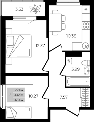 2-комн. квартира, 44.58 м² в ЖК Курортный регион — фото 2