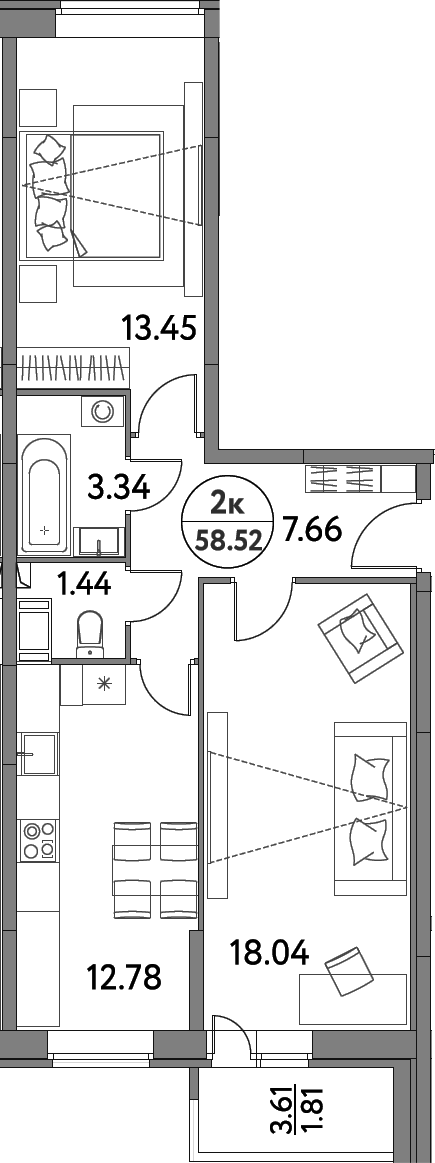 2-комн., 56.71 м², 11/17 этаж, ЖК «Дом на Сиреневой»