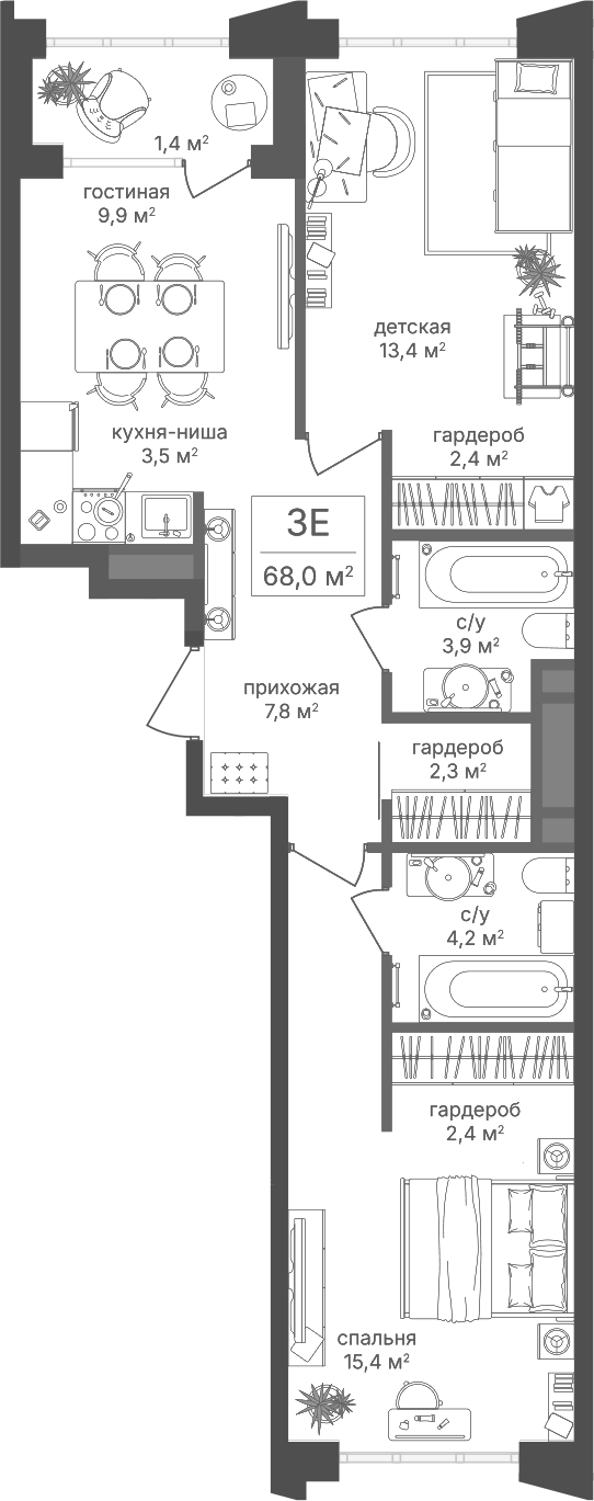 3-комн., 65.2 м², 16/20 этаж, ЖК «Михалковский»