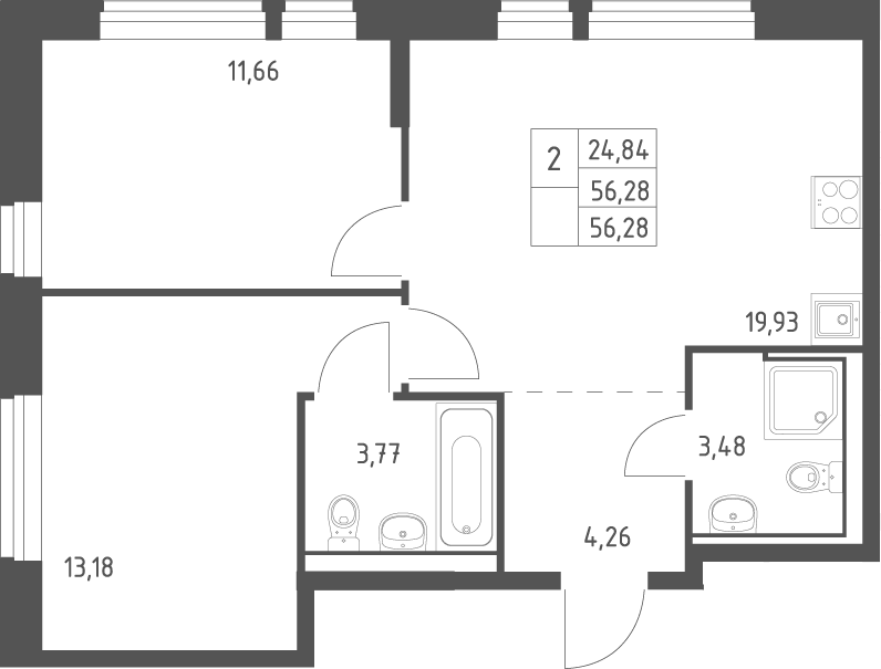 3-комн., 56.28 м², 4/17 этаж, ЖК «Квартал Ивакино»