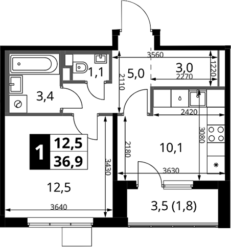 1-комн., 35.1 м², 12/17 этаж, ЖК «1-й Химкинский»