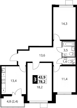 3-комн., 75.8 м², 24/24 этаж, ЖК «1-й Южный»