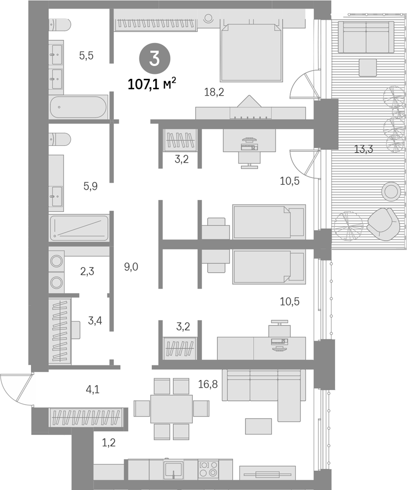 3-комн., 93.8 м², 3/15 этаж, ЖК «Квартал Издание»