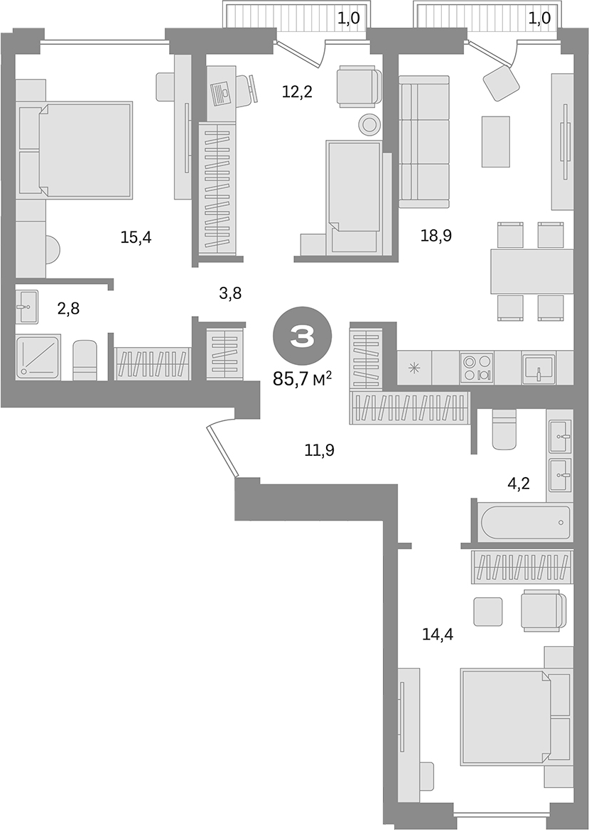 3-комн., 83.7 м², 7/9 этаж, ЖК «Первый квартал. Вторая очередь»