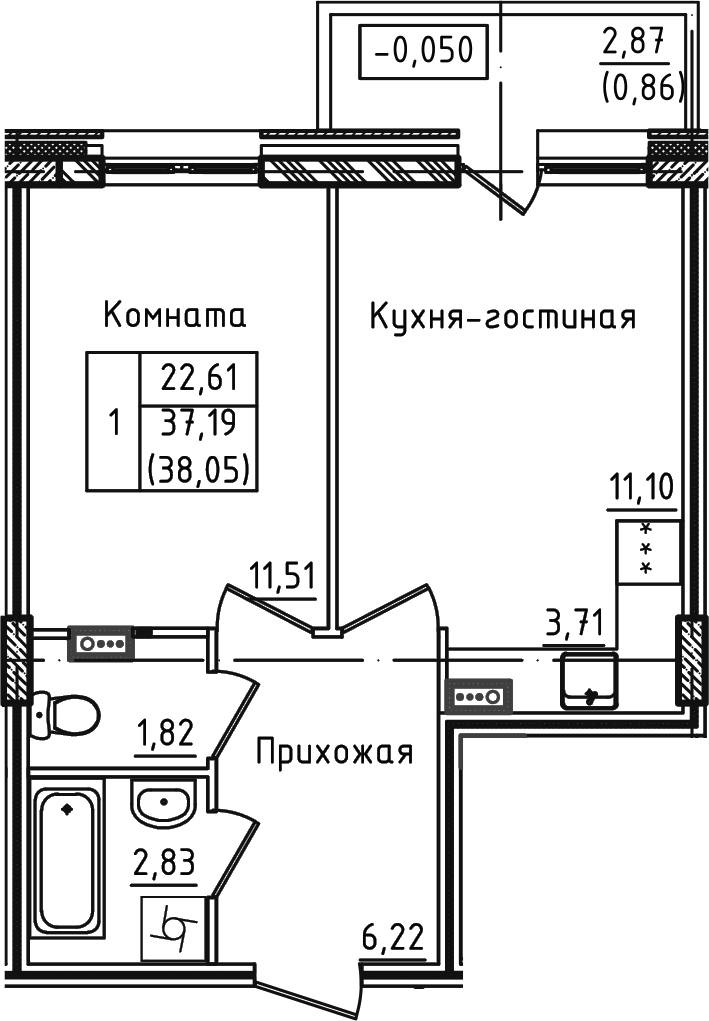 2-комн., 37.19 м², 1/5 этаж, ЖК «Зеленый город»