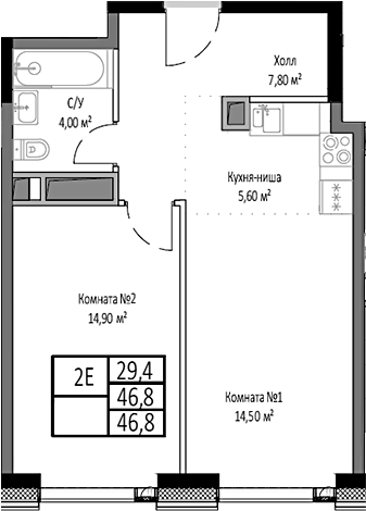 2-комн., 46.8 м², 29/35 этаж, ЖК «Мираполис»