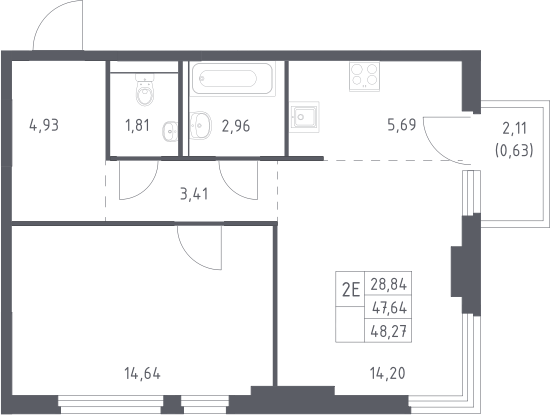 2-комн., 47.64 м², 16/17 этаж, ЖК «Пригород Лесное»