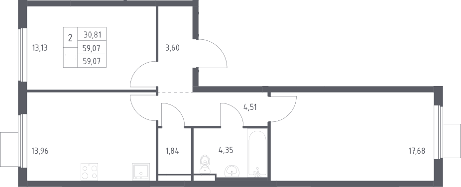 2-комн., 59.07 м², 12/13 этаж, ЖК «Горки Парк»