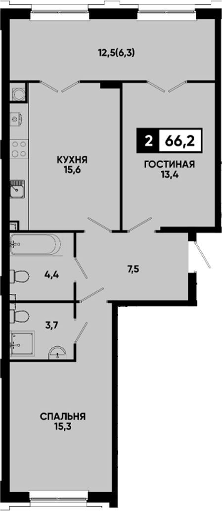 2-комн., 59.9 м², 2/12 этаж, ЖК «Квартал на курорте Моя Легенда»