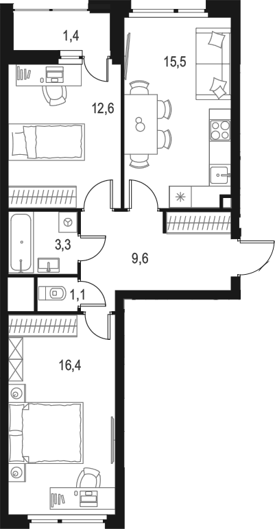 2-комн., 58.5 м², 2/14 этаж, ЖК «Левел Лесной»