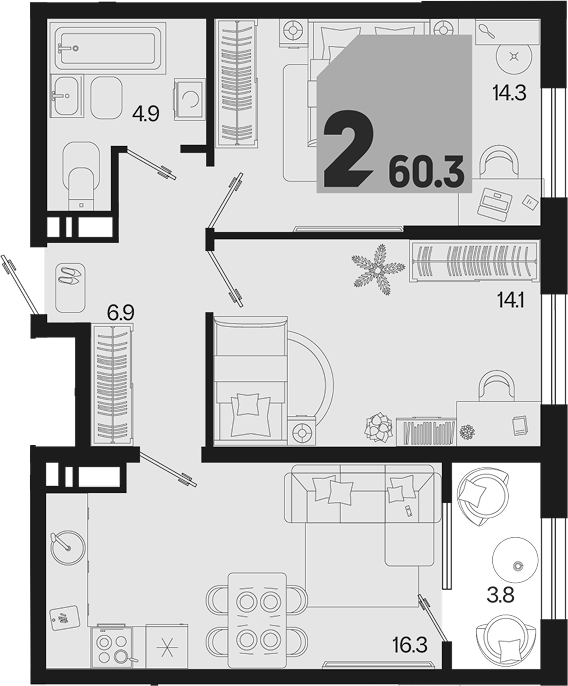 2-комн. квартира, 56.5 м² в ЖК Первое место — фото 2