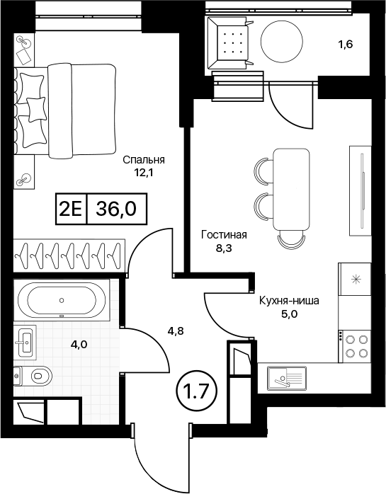 2-комн., 34.4 м², 17/17 этаж, ЖК «Пушкино Град»