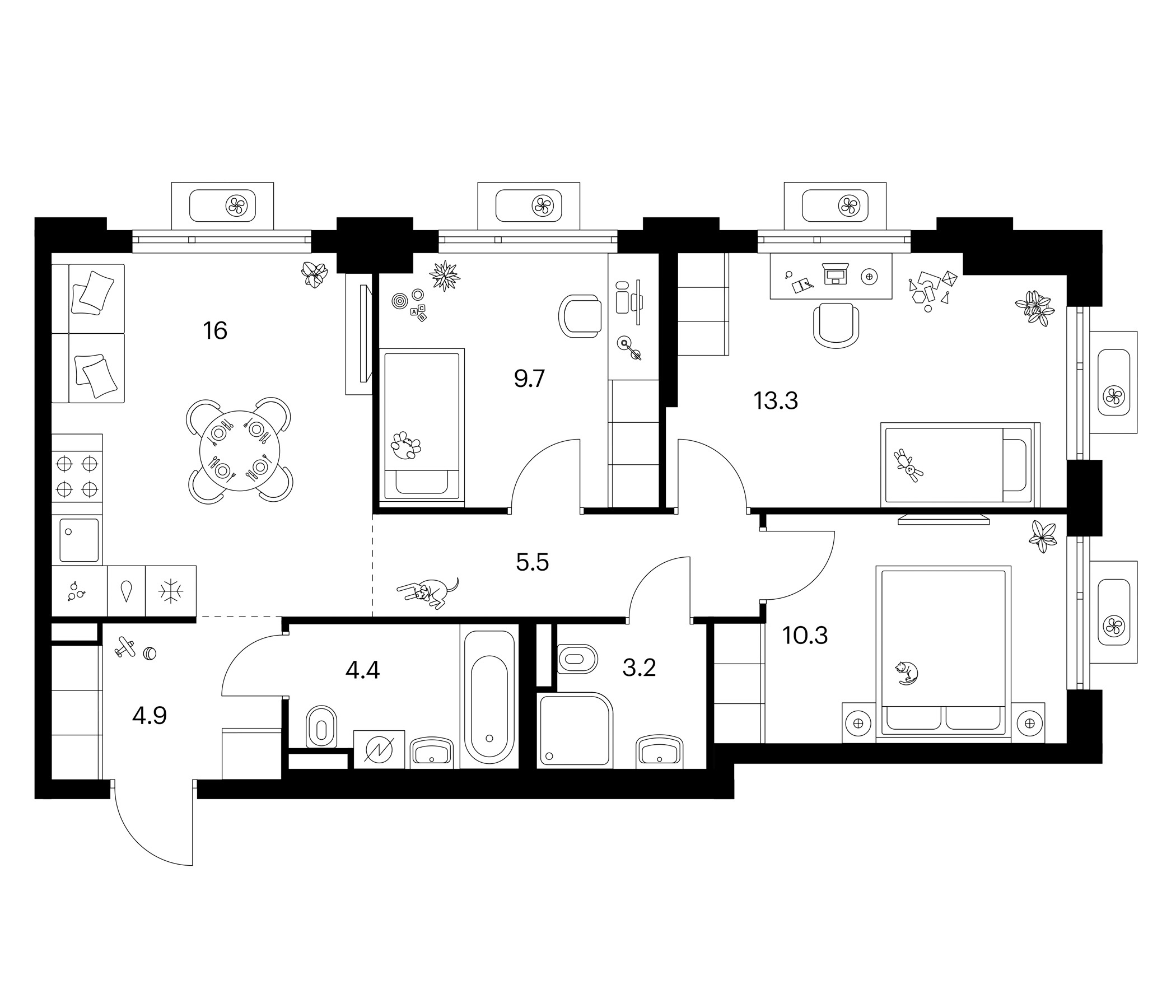 3-комн., 67.3 м², 12/25 этаж, ЖК «Белая Дача парк»
