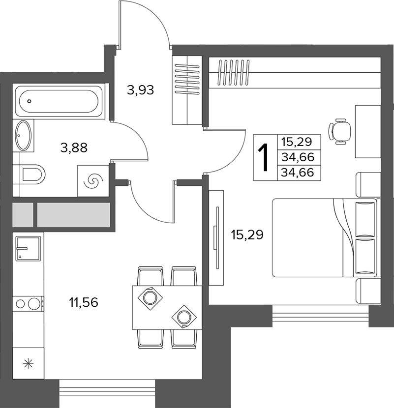 1-комн., 34.66 м², 8/14 этаж, ЖК «Городской бор»