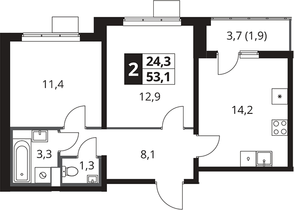 2-комн., 51.2 м², 10/25 этаж, ЖК «1-й Южный»