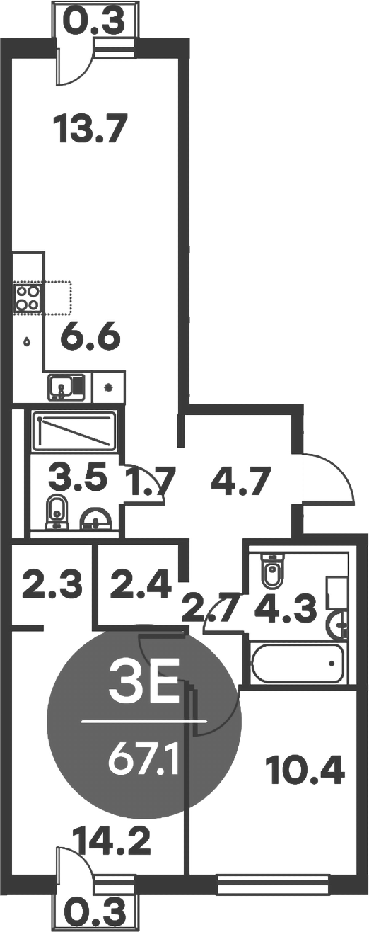 3-комн., 66.5 м², 6/6 этаж, ЖК «Равновесие»