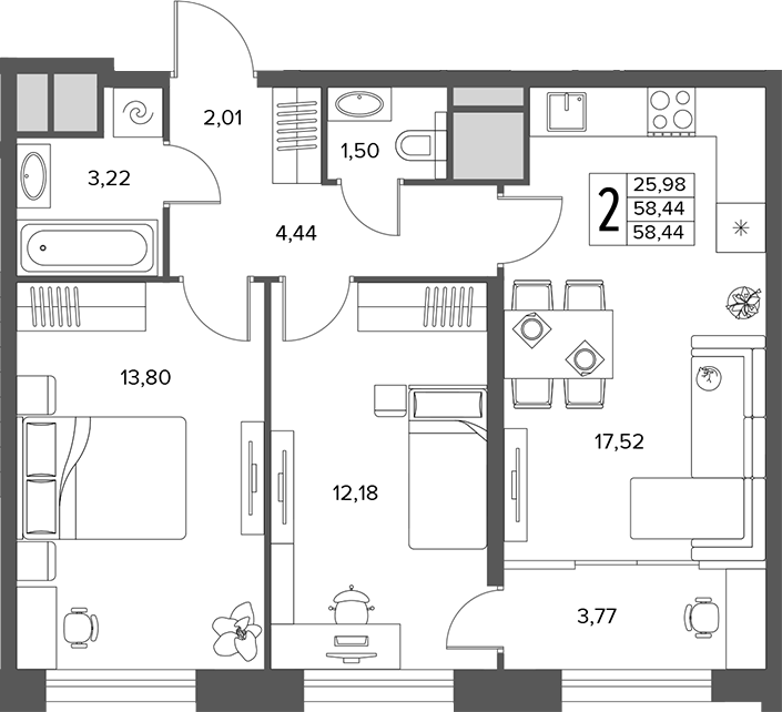 3-комн., 58.44 м², 6/16 этаж, ЖК «Городской бор»