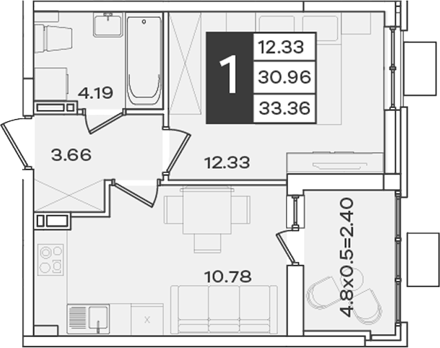 1-комн., 30.96 м², 3/18 этаж, ЖК «Сюжеты»