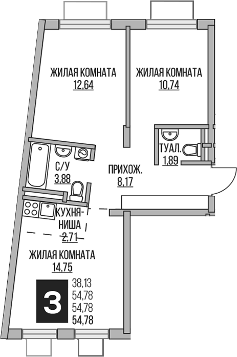 3-комн., 54.78 м², 2/6 этаж, ЖК «Гранель Аникеевский»