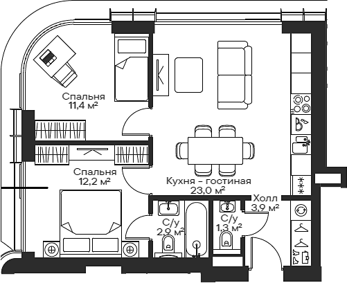 3-комн., 53.41 м², 20/54 этаж, ЖК «Сити Бэй»