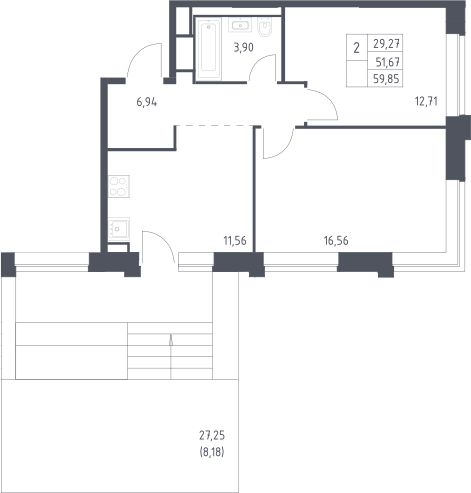 2-комн., 54.28 м², 8/14 этаж, ЖК «Верейская 41»