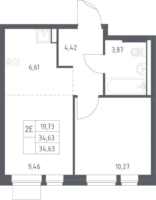 2-комн., 34.63 м², 2/12 этаж, ЖК «Квартал Авиаторов»