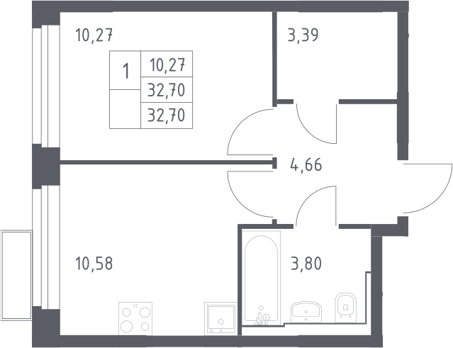 1-комн., 32.7 м², 2/24 этаж, ЖК «Квартал Строгино»