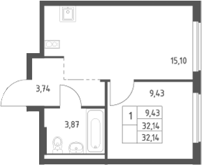 2-комн., 32.14 м², 8/9 этаж, ЖК «Большое Юрлово»